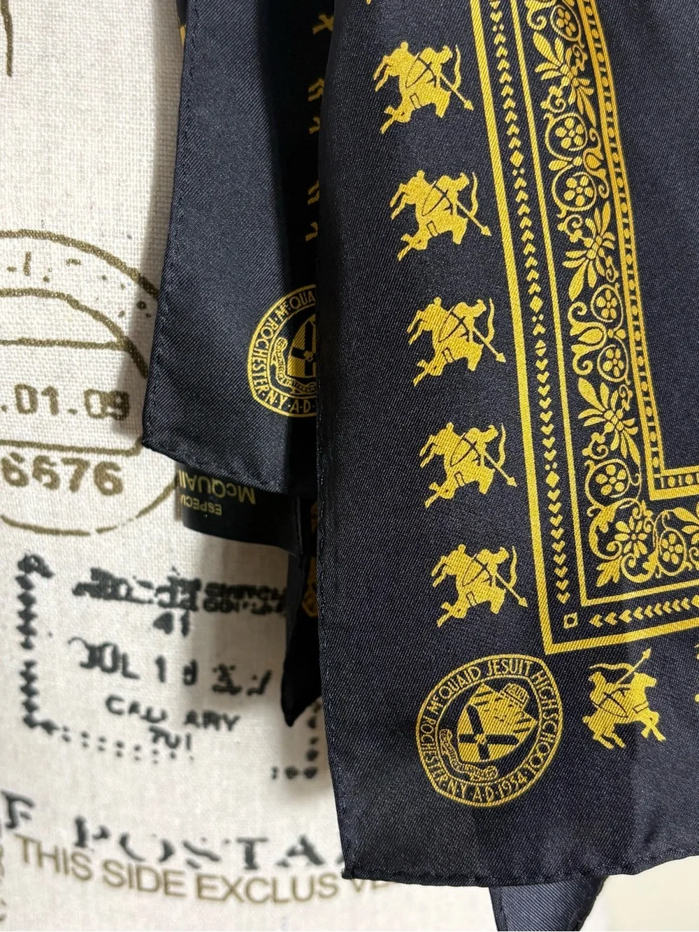 McQuaid Jesuit High School 100% Silk Commemorative Scarf Black Gold Vintage
